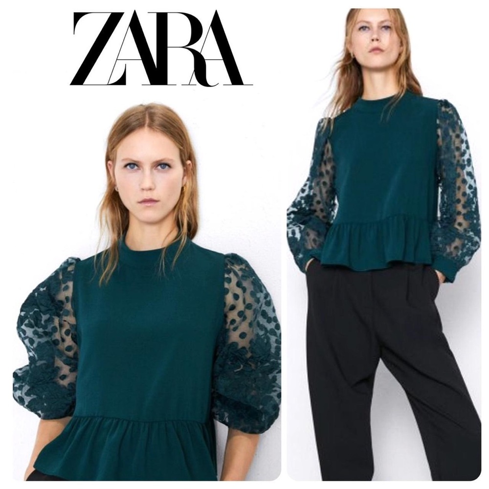 Zara Green Peplum Blouse with Sheer Sleeves